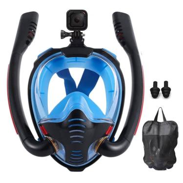 Imagem de Mascara Mergulho Snorkel Duplo Facial Respiraçao Nataçao Visao 180 Antiembaçante 