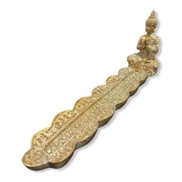 Imagem de Porta-incensos dourado com figura de Buda em poliresina 20,5 cm