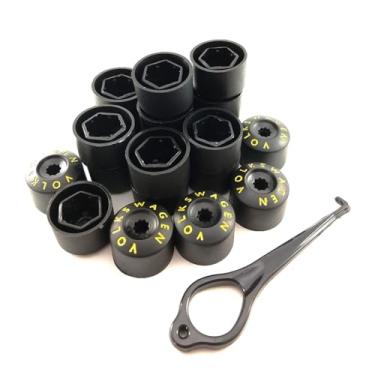 Imagem de Kit de Capas de Parafuso, 20 Peças, 17mm, Compatível com Gol, Fox, Polo, Golf, Nivus, Virtus, Passat, Jetta, com Chave de Remoção (Preto c/letra amarela)