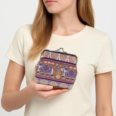 Imagem de Bolsa de moedas feminina boêmia mini fecho de cadeado com porta-cartões, carteira pequena para moedas, chaves e cartões, Caqui