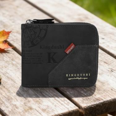 Imagem de Carteira masculina macia de poliuretano para uso diário, carteira masculina retrô com 2 bolsos com zíper, 1 compartimento para dinheiro, 4 compartimentos para cartões, 2 janelas para identidade para