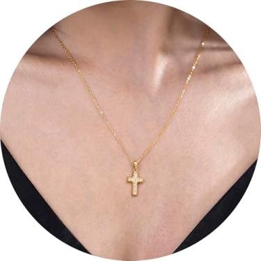 Imagem de Colar feminino com pingente de cruz de ouro banhado a aço inoxidável 18K com detalhes em zircônia, vários estilos de cruz, joia em camadas para presente, 14 Inches, Aço inoxidável, Sem Pedra Preciosa