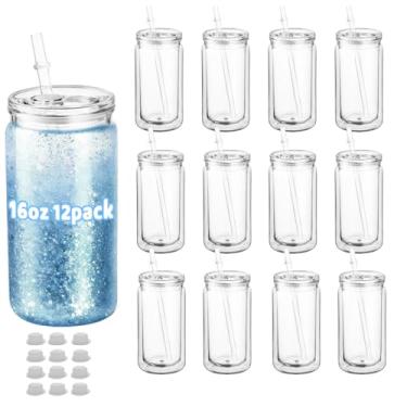 Imagem de ZONEGRACE Copo de globo de neve de plástico de 473 ml, copo de globo de neve de parede dupla com orifício pré-perfurado, potes de plástico para globo de neve com glitter DIY (transparente) (12)