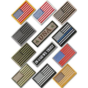Imagem de Conjunto de 12 peças com emblema tático da bandeira americana, conjunto completo bordado engraçado gancho e laço prendedor moral uniforme militar emblema remendos para mochilas, colete de cachorro