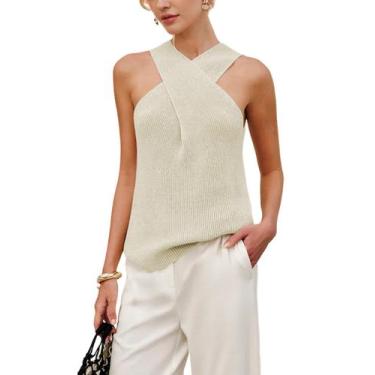 Imagem de Blusa feminina Yeokou tricotada frente única, sem mangas, damasco, tam