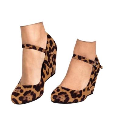 Imagem de Coutgo sapato anabela feminino Mary Jane tira no tornozelo salto alto bico redondo escritório casamento sapatos, Leopard, 9.5