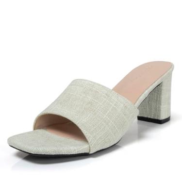 Imagem de qibusleen Sandália feminina de salto baixo e grosso, salto bloco mules 2025, sem cadarço, bico aberto, uma faixa para mulheres, formatura, festa, elegante, confortável, casual, sapatos, linho, 39