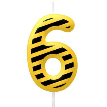 Imagem de Velas de aniversário de construção, 6 velas, topo de bolo listrado amarelo e preto para meninos e meninas, decoração de festa de aniversário de construção