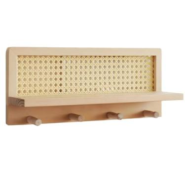 Imagem de LUMINFLY Conjunto de 2 prateleiras autoadesivas de parede de vime com ganchos, prateleira flutuante de madeira natural para, bolsas, chaves e mais