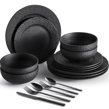 Imagem de KINGSTONE Conjuntos de louça preta com talheres, 32 peças de porcelana premium com padrão de mármore fosco, local com prato de jantar, prato de salada, tigela de macarrão, micro-ondas e lava-louças