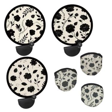 Imagem de KMYZQDV Conjunto de 3 peças de leques de mão dobráveis elegantes e redondos com bolsa, ventiladores dobráveis de flores pretas para bolsa, viagens, eventos internos e externos, ventiladores portáteis