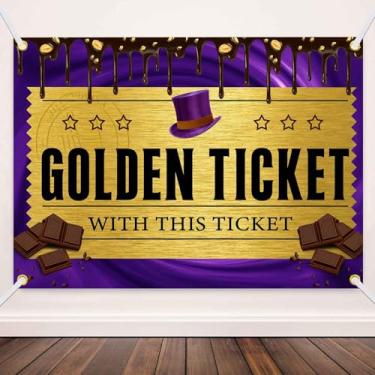 Imagem de TOAOFY Pano de fundo dourado de 1,8 x 1,2 m com faixa de chocolate, chocolate, roxo, brinquedo para festas de aniversário para adultos, crianças, aniversário, chá de bebê, decoração de festa