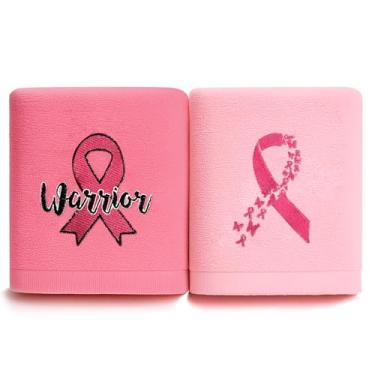 Imagem de Presentes para mulheres sobre câncer de mama e cuidados com o câncer – Pacote com 2 toalhas confortáveis de quimioterapia rosa 100% algodão com bordado de fita de guerreiro para encorajamento caloroso