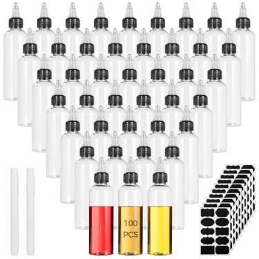 Imagem de Conjunto de 100 peças de frascos transparentes de 118 ml com tampas de torção, inclui 10 folhas de adesivos e 2 canetas marcadoras