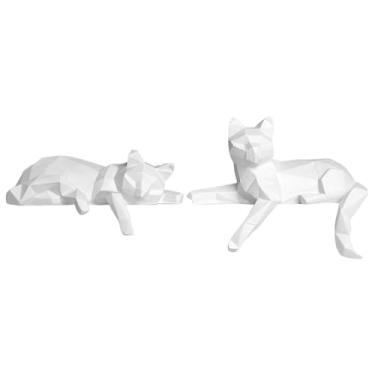 Imagem de WeiLaiKeQi Conjunto de 2 Estátuas de Gato para Decoração de Mesa, Ornamento Delicado, Artesanato Moderno, Escultura em Resina, Estátua de Animal para Estante ou, Branco