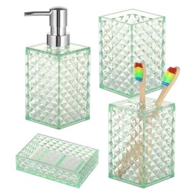 Imagem de Conjunto de banheiro verde de 4 peças, inclui dispensador de líquido, suporte de escova de dentes, copo de enxaguante bucal, saboneteira, design 3D
