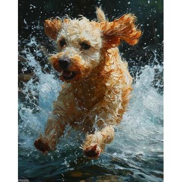 Imagem de XTXGERL Kit de pintura por número, poodle correndo na chuva, artesanato adulto adulto kit de pintura por número, presente de decoração de quarto para festival de aniversário (41 x 50 cm, sem moldura)