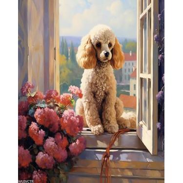 Imagem de WUIVCTR Pintura a óleo DIY em tela para adultos iniciantes, poodle deitado no peitoril da janela, kits de pintura por números com pincéis e pigmento acrílico, 40 x 50 cm, sem moldura