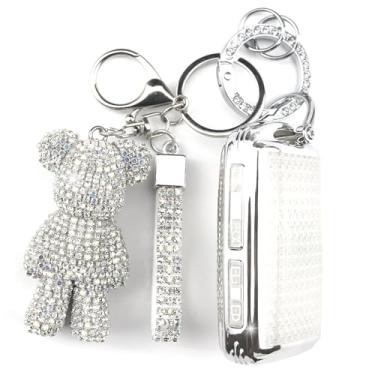 Imagem de Rayslesan Linda capa de chaveiro com pingente de urso de strass, capa inteligente de TPU brilhante para mulheres, compatível com Mazda 3 6, CX-30 CX-5 CX-50 CX-60 CX-70 CX-90, MX-5 Miata (prata)