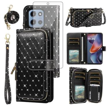 Imagem de Asuwish Capa de celular para Motorola Moto G 5G 2025 capa carteira com zíper com protetor de tela de vidro temperado, alça transversal com cordão com glitter, compartimento para cartão G5G 5 G G5