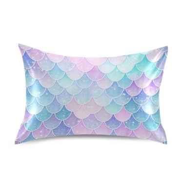 Imagem de Blueangle Linda fronha de cetim com escamas de sereia para cabelo e pele, fronha de seda, tamanho padrão (51 x 66 cm) - Capas de almofada de cetim refrescantes com fecho de envelope (795)