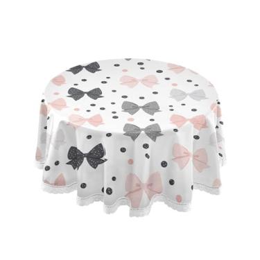 Imagem de SEHANY Toalha de mesa redonda com laço rosa de 152 cm, tecido lavável sem rugas, toalha de mesa decorativa de renda para restaurante, casamento, acampamento, festa de cinco de maio