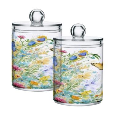 Imagem de ATTX Dispensador de suporte Qtip de flores e borboletas para bola de algodão, cotonete, frasco de boticário transparente, decoração de casa, pote de armazenamento de cozinha, pacote com 2 (239)