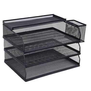 Imagem de Luocute Organizador de Papel de 3 Bandejas, Classificador de Arquivos de Mesa de Malha de Metal Com Design Sobreposto, Recipiente de Caneta de Caixa Superior para Armazenamento