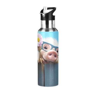 Imagem de Wassud Garrafa de água azul óculos de porco (2) garrafa de água esportiva de aço inoxidável com canudo garrafas de água isoladas copo portátil de viagem 947 ml