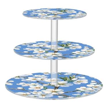Imagem de CEBUGI Suporte de cupcake de 3 camadas, branco, flores de cerejeira, suporte redondo para bolo, bandeja de servir em camadas de acrílico para chá, chá de bebê, casamento e mais