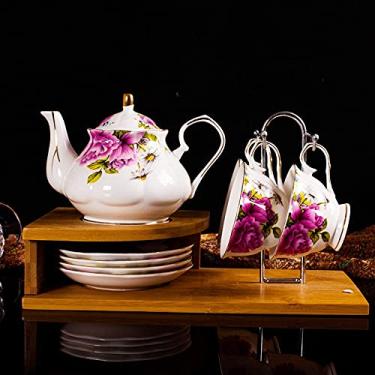 Imagem de LMJYU Conjunto de chá floral vintage estilo tribunal para adultos Conjunto de chá de porcelana britânica Xícaras de chá e pires Conjunto de presente de café de porcelana chinesa com suporte de copo