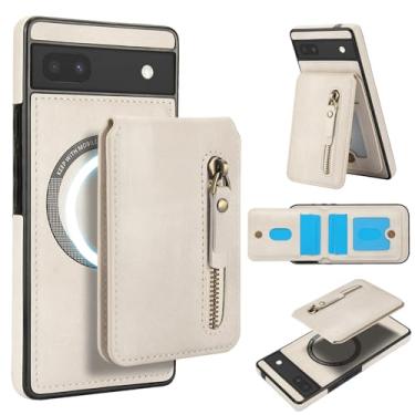 Imagem de Carteira removível compatível com carregamento sem fio Magsafe para Google Pixel 6A com suporte para cartão, bolso com zíper, suporte 2 em 1 capa à prova de choque (branca)