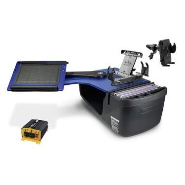 Imagem de AutoExec Alcance o banco traseiro da mesa para a estação de trabalho do seu veículo e escritório móvel, azul, com inversor de potência de 400 watts, suporte para tablet, suporte de impressora e clipe