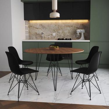 Imagem de Mesa Jantar Redonda 110Cm Amêndoa Clips 3 Pés Com 5 Cadeiras Eames Eiffel Pretas Ferro Preto