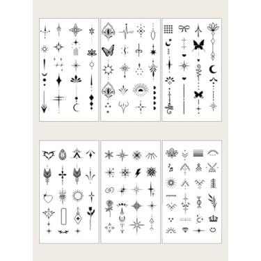 Imagem de 6 peças de suco de ervas semipermanente mini tatuagem simples estrela fresca lua padrão símbolo geométrico não reflexivo dedo ombro pescoço clavícula corpo adesivo de tatuagem impermeável