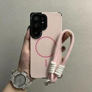 Imagem de Capa com alça de pulso para Samsung Galaxy S22 S23 S24 S25 Ultra Plus, carregamento sem fio, lente líquida, proteção de armação, rosa, para S23 Ultra