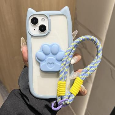 Imagem de Capa transparente com cordão fofo de orelha de gato 3D para iPhone 11 12 13 14 15 16 Pro Max XR XS X 14 Plus, pulseira, capa, azul 2, para iPhone 16 Pro