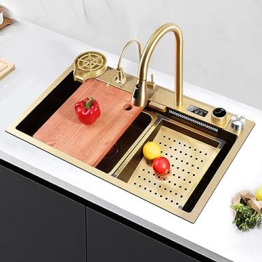 Imagem de Pia de cozinha preta para estação de trabalho, pia de cozinha em cascata, com torneira de puxar, lavadora de copos, torneira purificadora de água, bacia única para estação de trabalho com acessórios