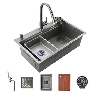 Imagem de Pia de cozinha em cascata, kit de pia familiar de aço inoxidável Flying Rain 304 com torneira, arruela de copo pressurizada, bacia única para estação de trabalho com acessórios (68 cm/26,7 pol, pacote