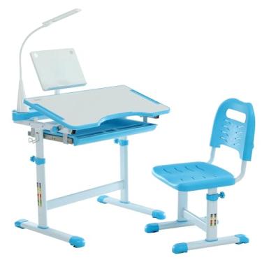 Imagem de Diroan Conjunto de mesa e cadeira para crianças, mesa de estudo escolar infantil ergonômica ajustável com altura inclinada, suporte para livros, luz LED, gancho de metal e gaveta de armazenamento para