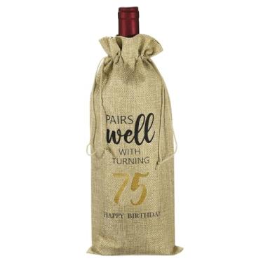 Imagem de PATIKIL Saco de garrafa de vinho para presente de aniversário de 75 anos de 15 x 35 cm, 1 pacote reutilizável para decoração de vinho com cordão para festas de chá de amigos, bege