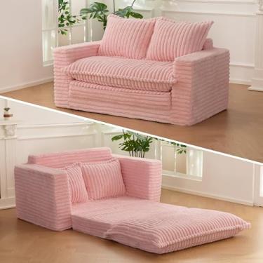 Imagem de Loveseat Sofá-cama, sofá-cama conversível sofá-cama sofás futon para sala de estar, sofá de chão 3 em 1 com almofada lavável e travesseiros, rosa