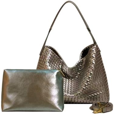 Imagem de Bolsa feminina Boston de tecido de couro vegano, bolsa mensageiro, moda, bolsa tiracolo de ombro, casual, Hobo, Ouro ébano