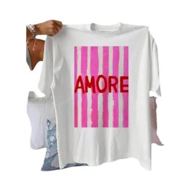 Imagem de Camiseta Casual Feminina De Algodão Listrada Com Decote Redondo E Mang