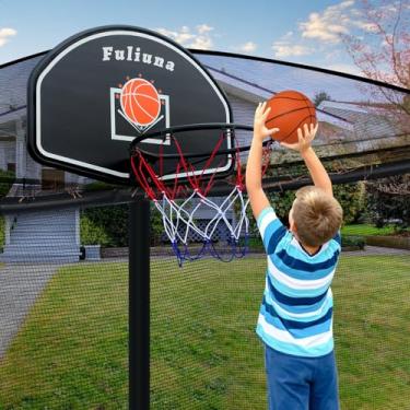 Imagem de Fuliuna Cesta de basquete de trampolim, cesta de basquete fácil de instalar para trampolim com mini bola e bomba, cesta de basquete com rede protetora para mastro reto de 25 mm e trampolim curvo