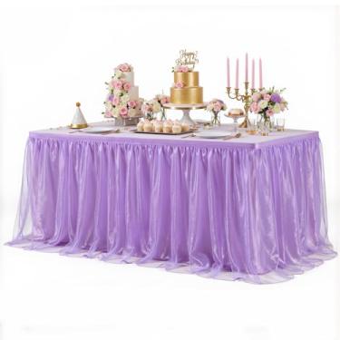 Imagem de Saia de mesa de tule roxa para mesas retangulares ou mesas redondas, saia de mesa tutu de 2,5 m para festa de aniversário, chá de bebê, toalha de mesa com babados para decoração de princesa, casamento