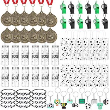 Imagem de Kenning Conjunto de 12 pulseiras de medalhas de futebol com chaveiro, sacos de brindes, garrafas de suco de plástico com apitos de palha, troféu de futebol a granel para lembrancinhas de festa