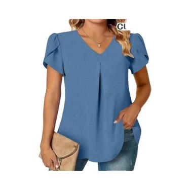 Imagem de Camisa Casual Feminina De Manga Longa Em Cor Sólida Com Decote Em V Ta