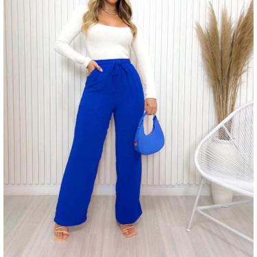Imagem de Calça Pantalona Wide Leg Duna Elástico Social Cintura Alta - LLEV, Azu