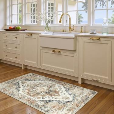 Imagem de jinchan Tapete vintage, tapetes modernos de cozinha 7,5 x 12,7 cm, lavável, antiderrapante, fino, elegante, retrô, leve, para quarto, sala de estar